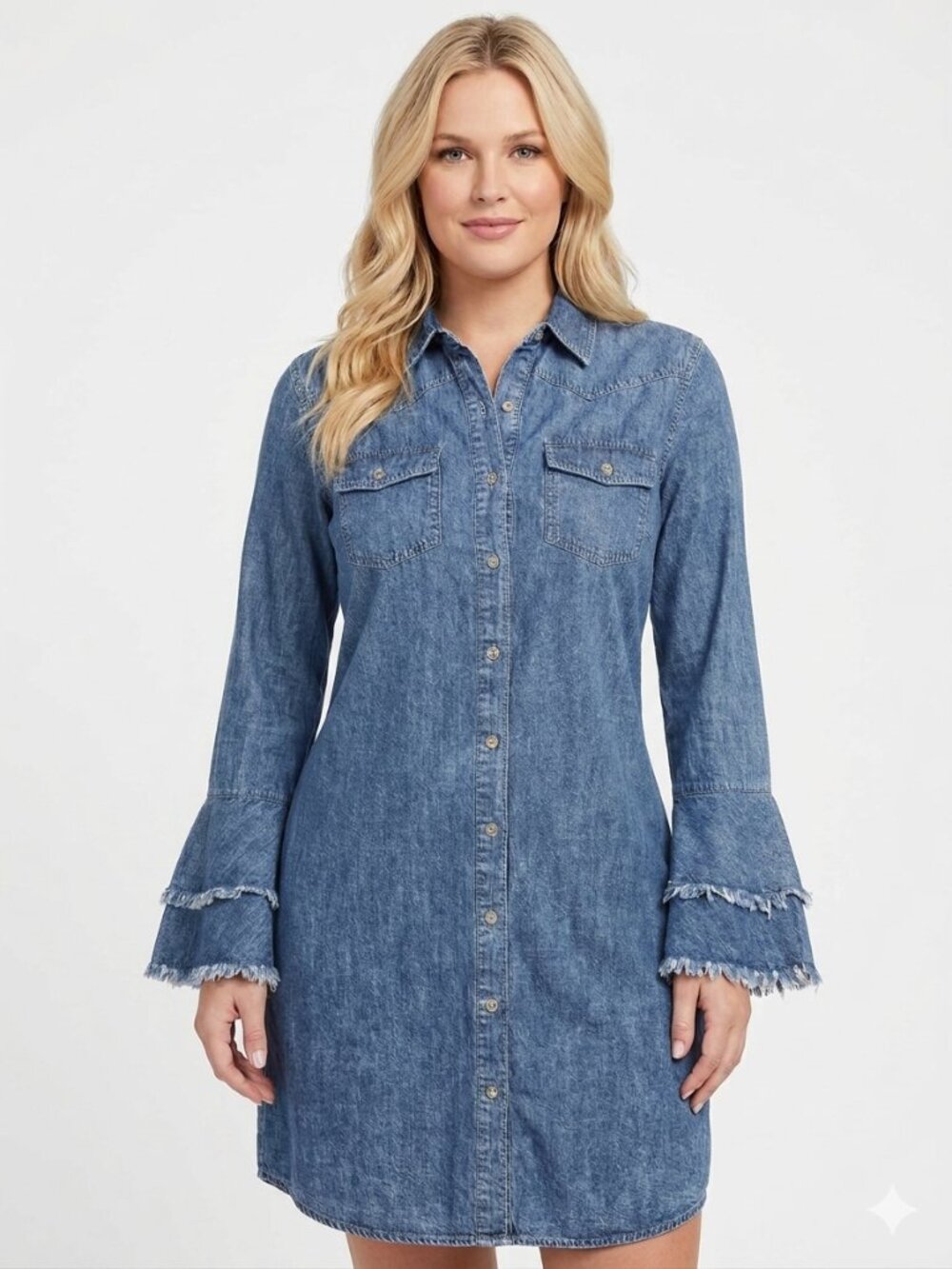 Given Kale Blue-Washed Denim Button-Front Shirt Dress Bell Sleeves Size Small NW